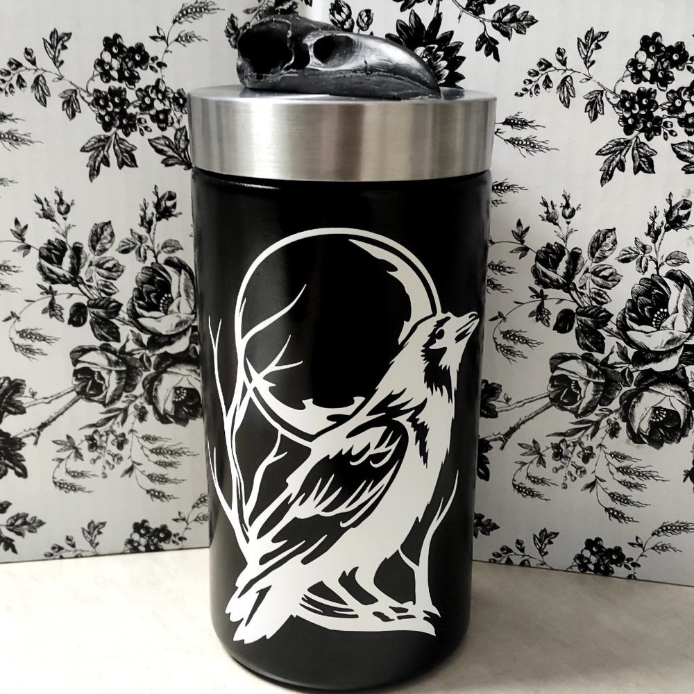 9.75" Black Raven Glass Storage Jar w/ Raven Skull Lid || Goth Kitchen Accessory